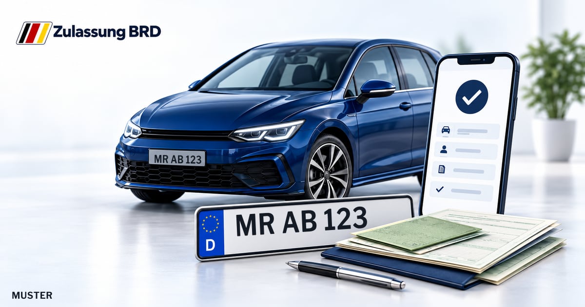 Online Fahrzeugzulassung in Neustadt (Hessen): Musterkennzeichen MR AB 123, Auto und Fahrzeugpapiere und Smartphone. Illustration mit Logo von Zulassung BRD.